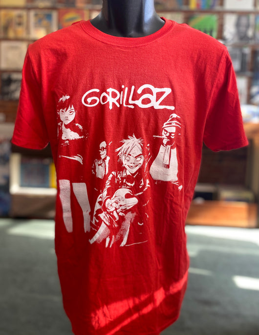 Gorillaz - White on Red T Shirt